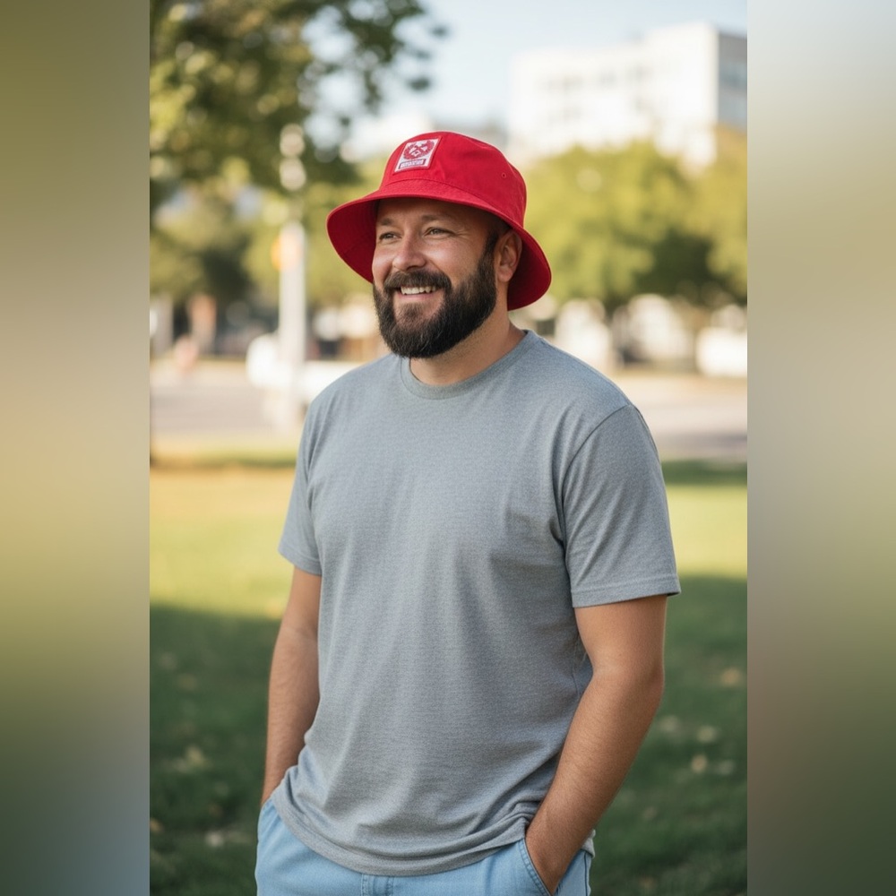 Dixxon Reversible Bucket Hat Red Crest Logo / Black Cross Pattern